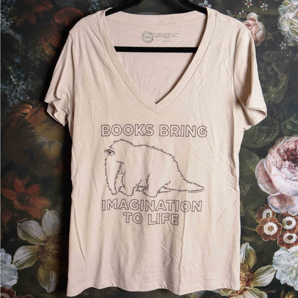 Out of Print Snuffalupugus "Books bring imagination to life" v-neck tee 2xl